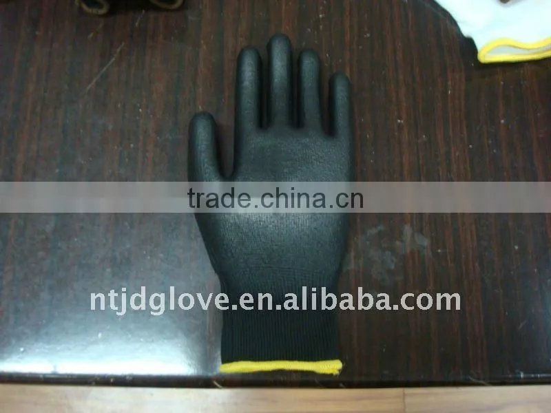 PU gloves . 13-Gauge Black Nylon Knit Shell with Black PU Coated gloves.
