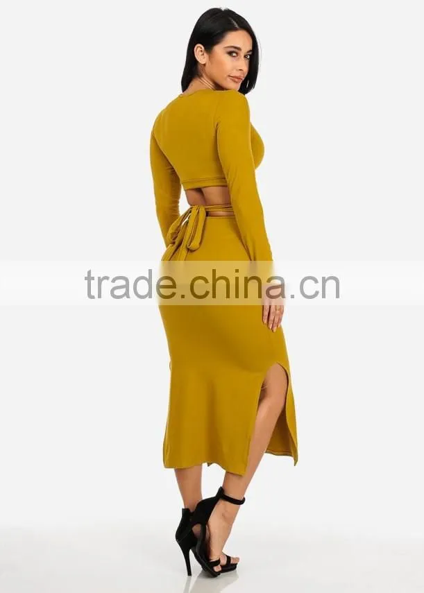 Alibaba Suppliers Bulk Apparel Spring Women Dresses Sexy Mustard Two Piece Long Sleeve Knee Length Bodycon Midi Dress Set