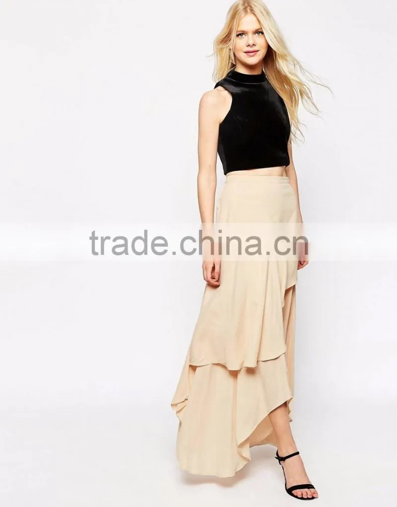 Women Summer Wear Beach Wear Asymmetrical Design Lvory Floaty Maxi Chiffon Skirt With Layers