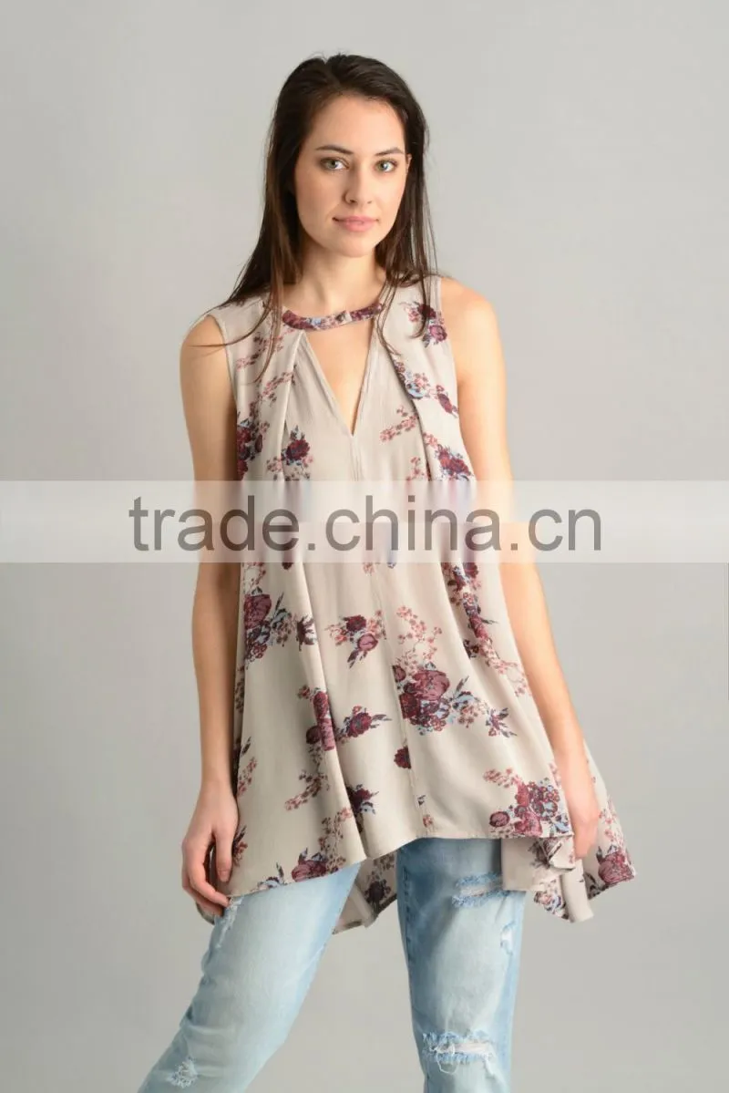 Custom womens Floral Sleeveless Long Style Swing Tops,Fashion Cotton Printed Sleeveless Blouses For Women