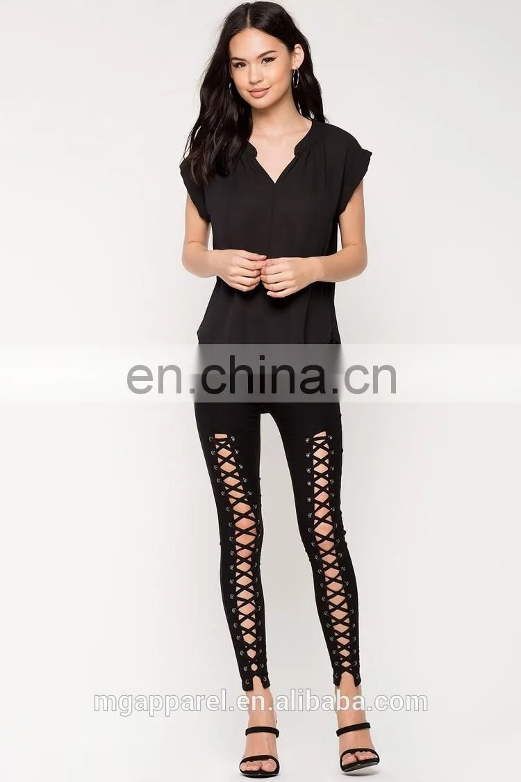 Wholesale blank split neck short sleeve black t shirts for women
