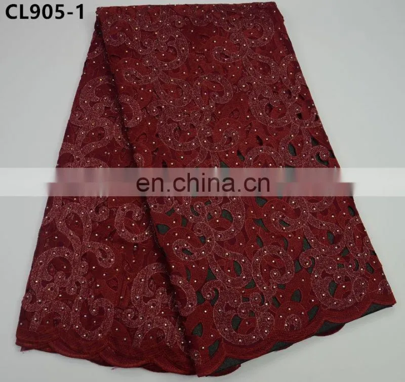 wine color african cord lace fabric with stones ,swiss guipure cord lace fabric