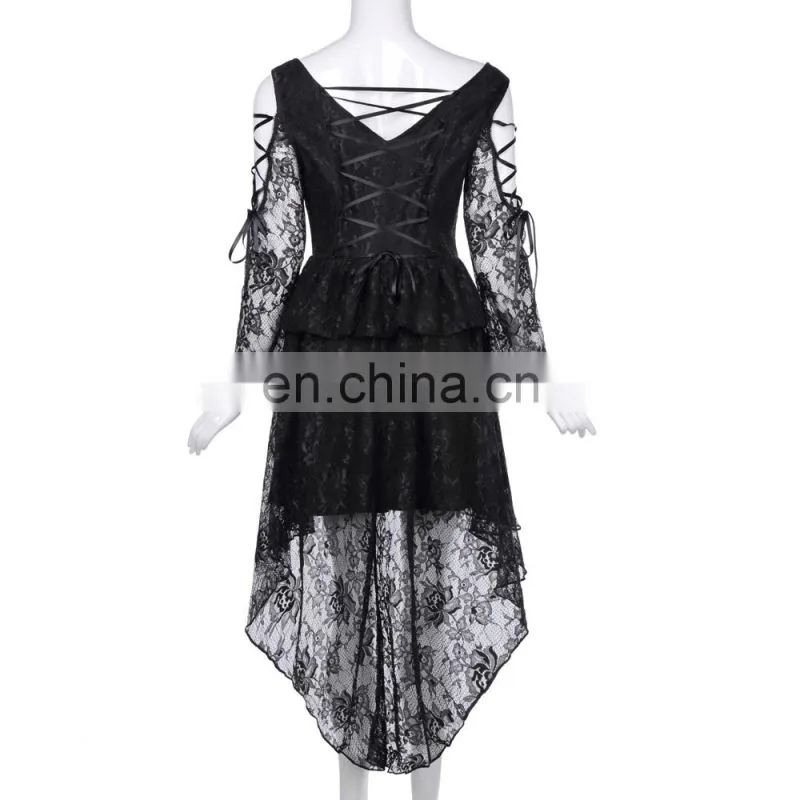 Belle Poque Retro Vintage Gothic Victorian Long Sleeve High-Low Black Lace Dress BP000350-1
