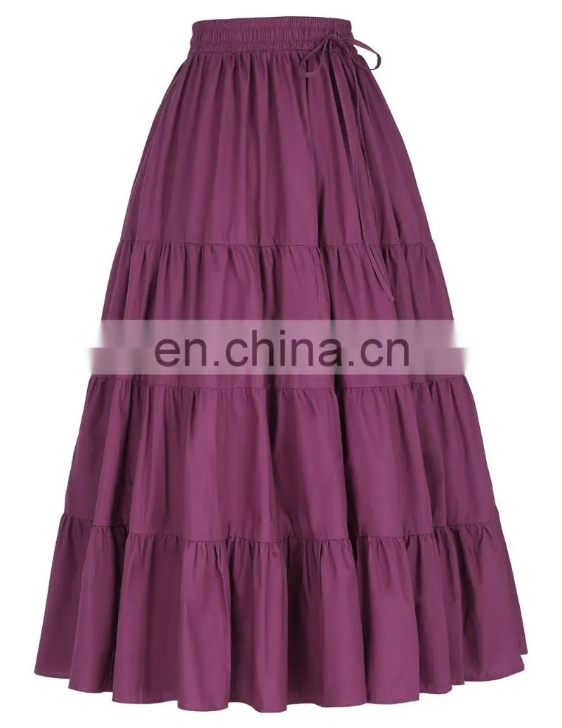 Belle Poque Women's Solid Wine Red Color Wide Hem Cotton Maxi Skirt Long Skirt BP000207-2
