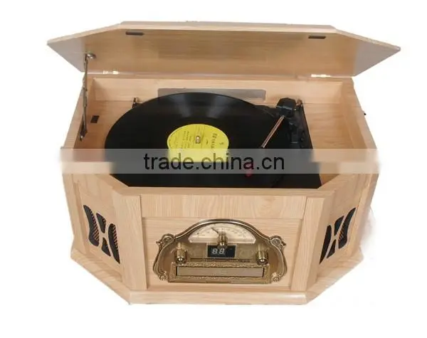 Back to 60s-Style! Wooden Gramophone&Multi Turntable&Jukebox Records with AUX Input/CD Player/AM,FM Radio/Cassette