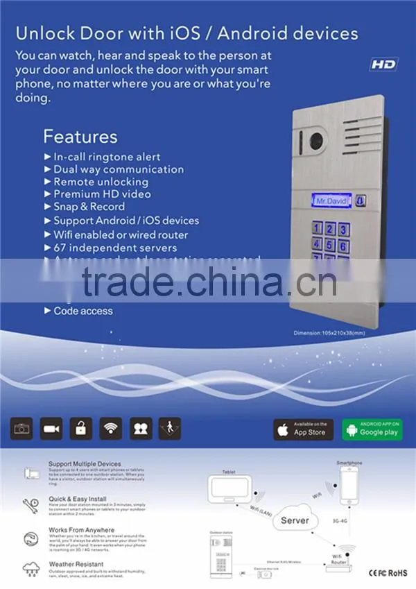 Night Vision Motion Detect Function IP Smart Home WiFi Video Door Phone with Free Android IOS APP for Remote Unlocking Your Door