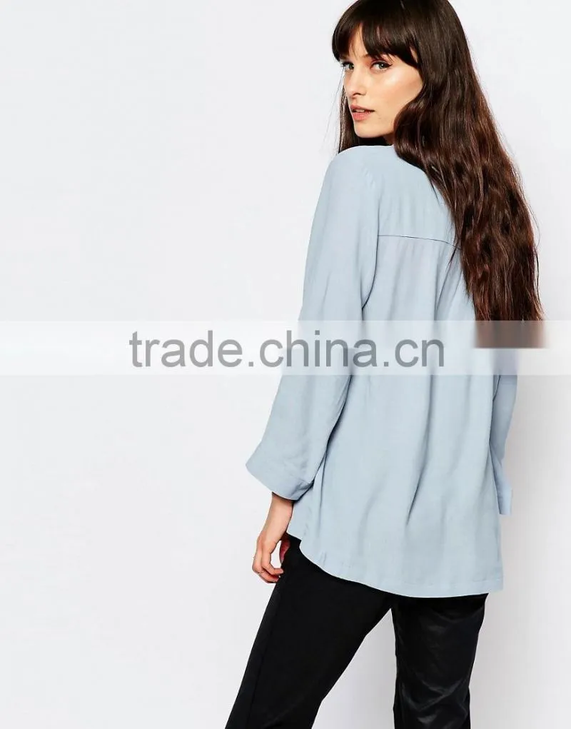 Blue colour lady chiffon blouse sexy v neck tops for women 2016 wholeale