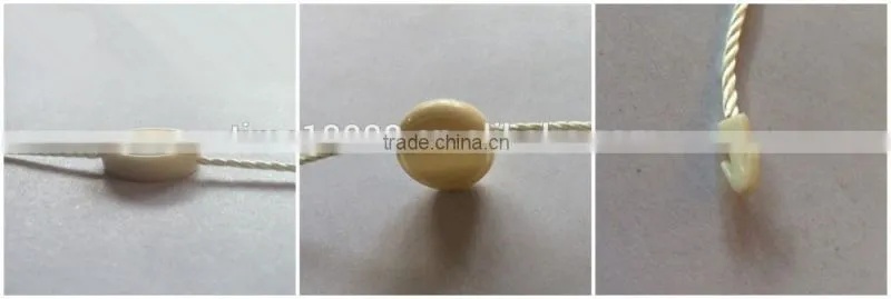 china quality string seal tag, hang tag string, garment plastic seal tag Beige seal tag metal beads string curtain