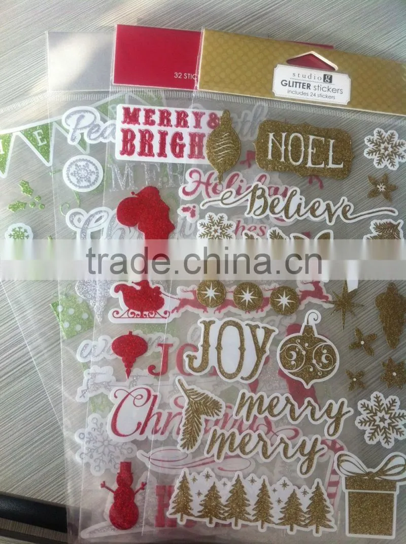 M-P007 Merry Christmas glitter pvc sticker, 5d home decor pvc wall sticker,custom pvc sticker paper