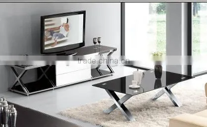 black glass top and cross legs rectangle TV stand(TV2012)