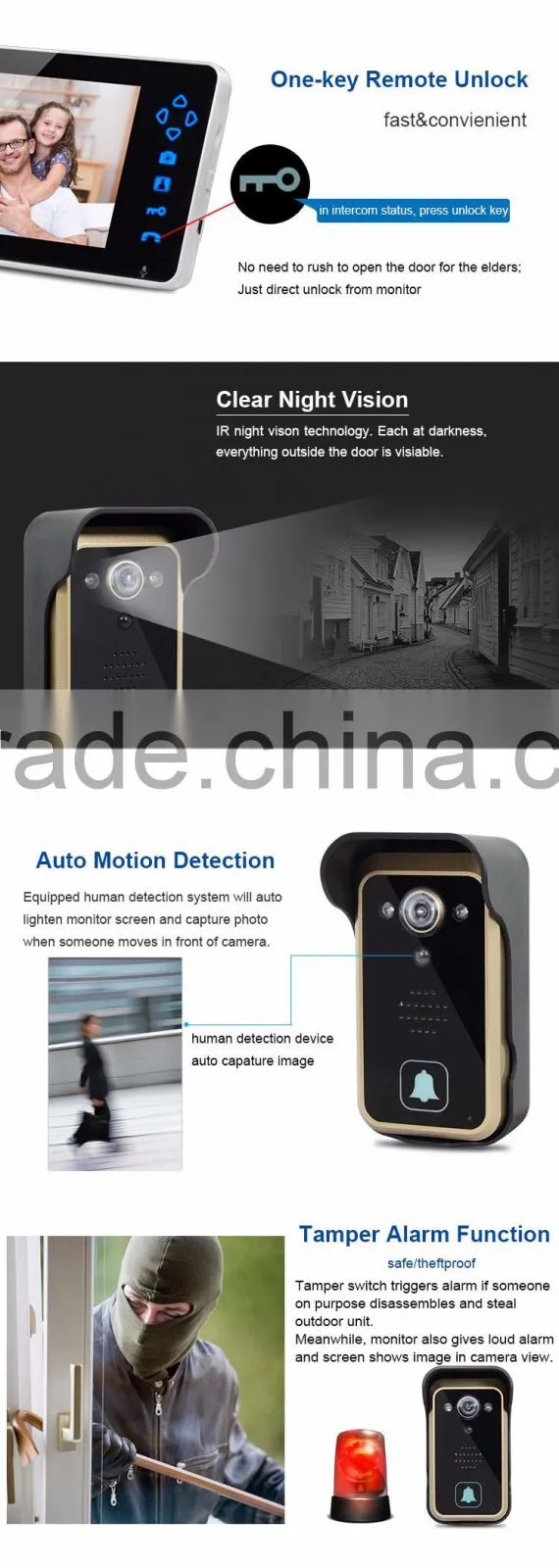 Home Security 1 Camera 3 Monitors Wireless Color Video Doorphone