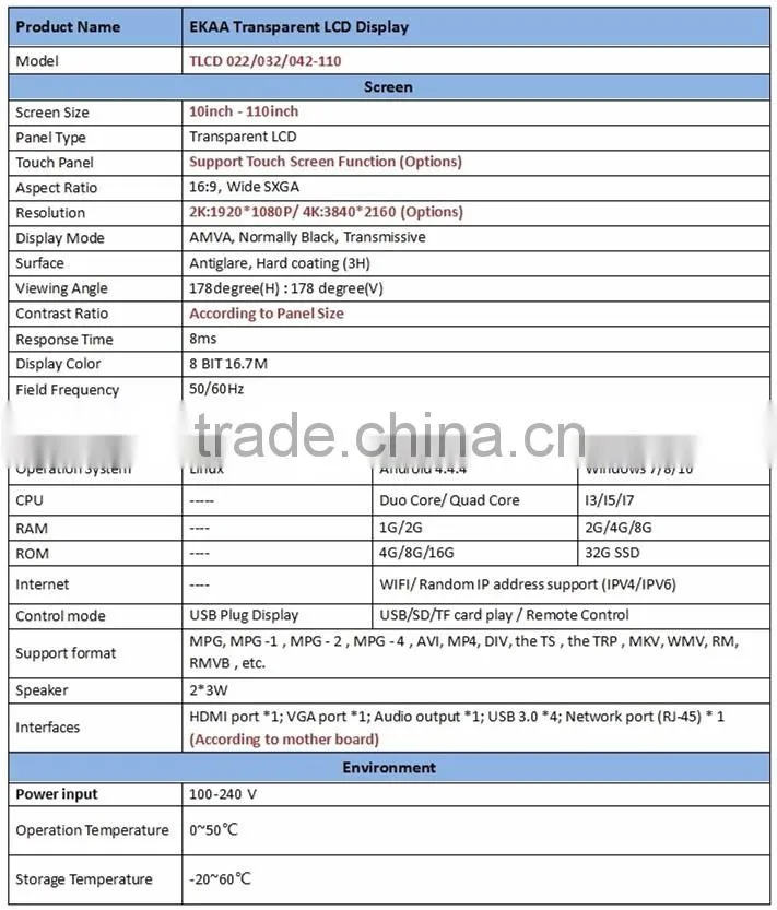 EKAA Touch advertising machine 46inch transparent lcd