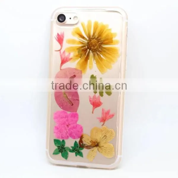 Transparent TPU phone case real flower sticker phone cover protective back cover for iPhone 7 / plus