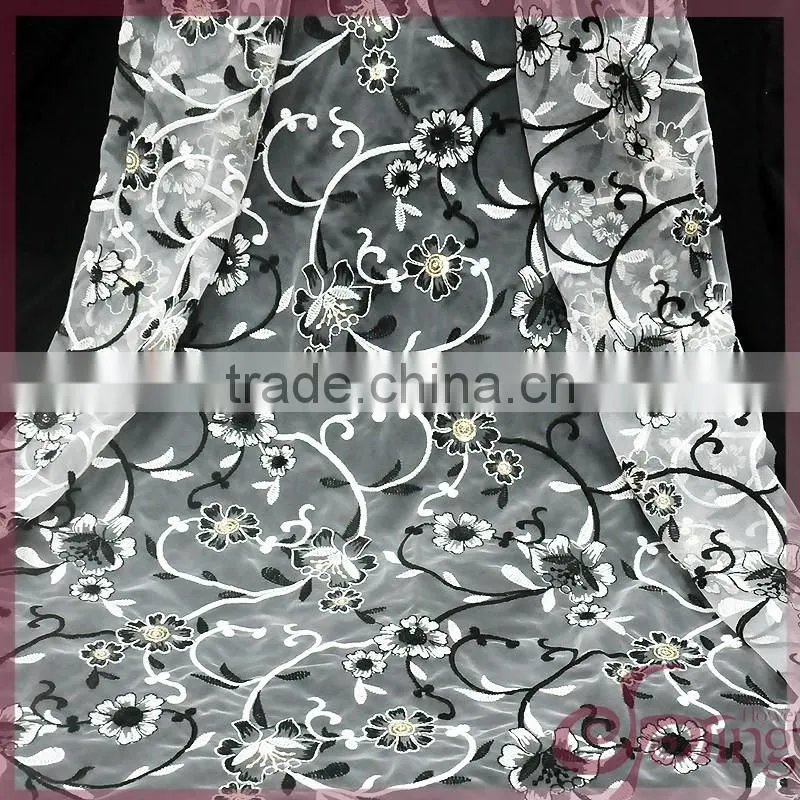 Vine flower embroidery french lace fabric, mesh embroidered sequin fabric for dress