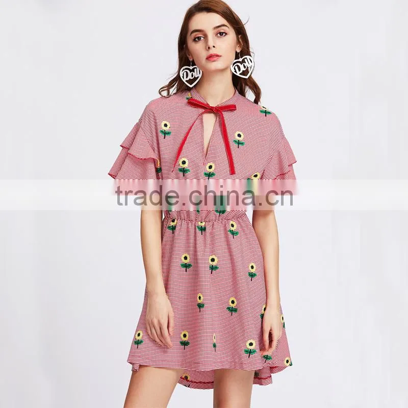 RED flower embroiedered and ruffled shoulder women cute short dress