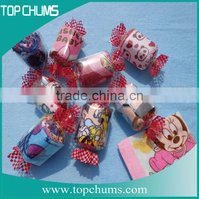 Promotion candy shape towel,cheap wedding return gift