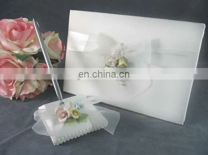Three flowers design satin signature guest book & pen holder set vintage wedding decoration