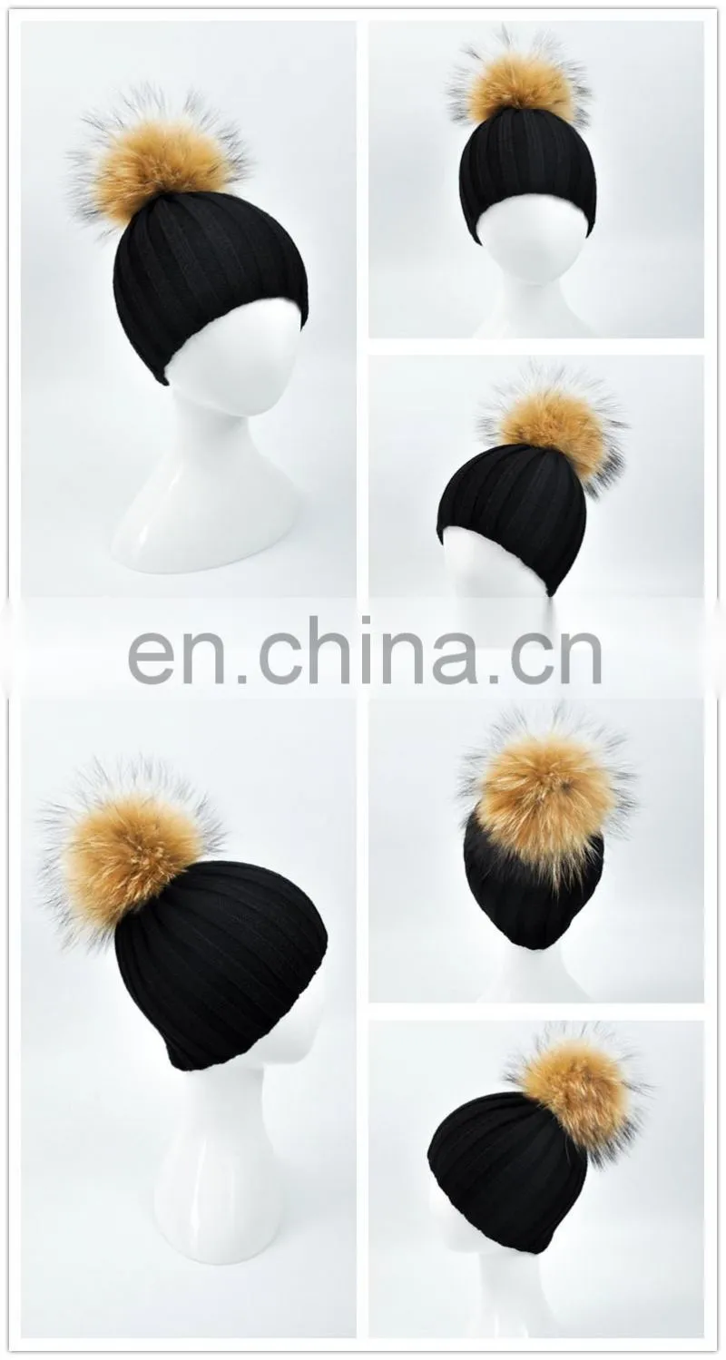 Top Lovely Light Blue Color Knitted Hat With Large Raccoon Fur Pom Pom Classic Fur Pom Hat Baby