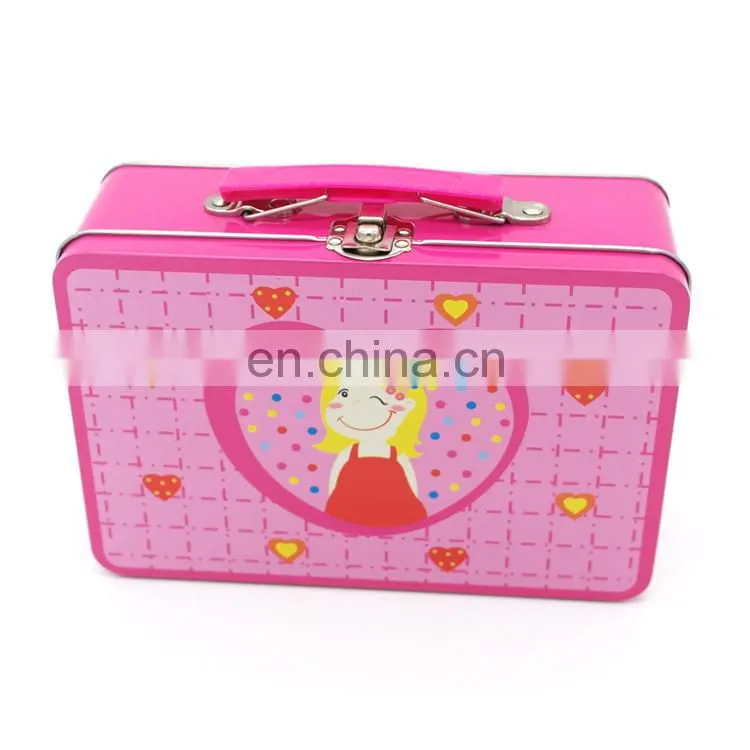 custom lunch tin box with lock and plastic handle