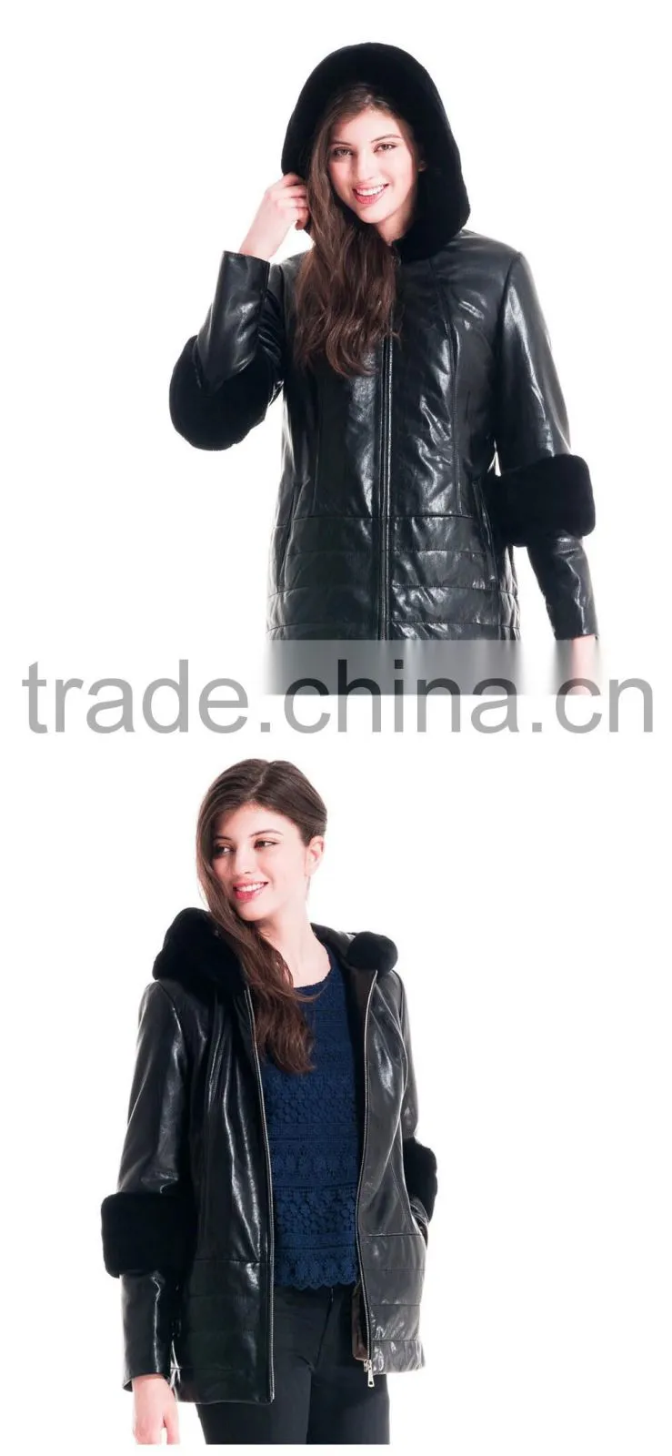 2016 New Design Winter Women Short Leather Coat With Rex Rabbit Hat Detachable Sleeveit Overcoat