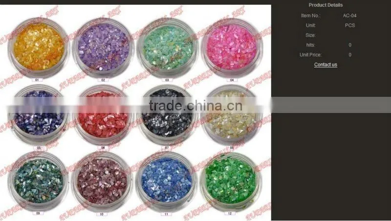 2014 New Arrival Professional Colorful Nail Art Glitter Nail Care Decoration Powder 12 Colors Crushed Shell Material AG001