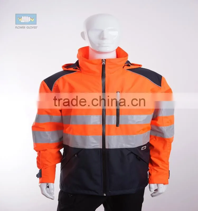High visibility orange waterproof pu jacket with EN343 EN20471
