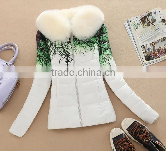 New Women's coats fur collar short down jacket printed cotton women's coat