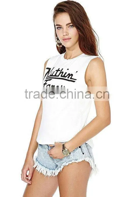 Womens White Trim Round Collar Tank Vest Top t shirt