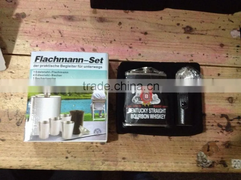 7oz hip flask with small funnel and 4pcs cup and leather bag in gift box