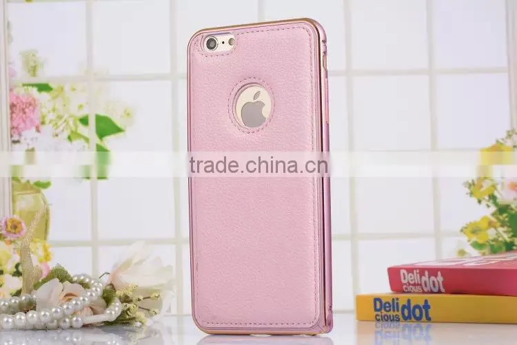 Leather Back Cover Metal Bumper Frame Case For iPhone 6,metal bumper for iphone6 plus