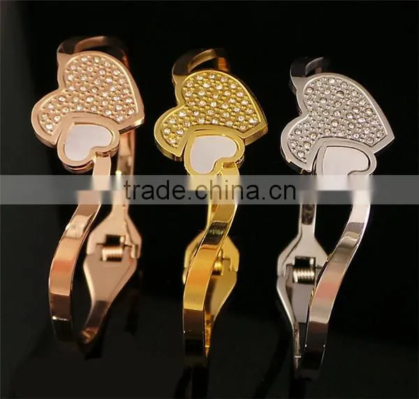 Classic tricolor stainless steel open crystal bangle heart jewelry wedding for women