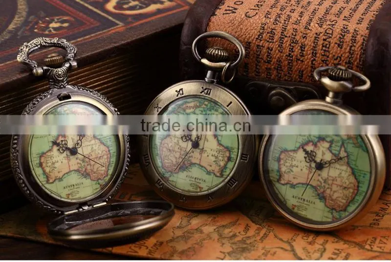 Vintage Australia Map Pendant Fob Necknace Chain Quartz Pocket Sport Watch