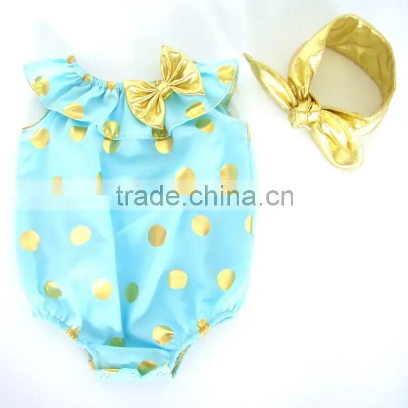 Seaside Bella Romper.Baby Swim Wear.Gold Dot Design With Headband.