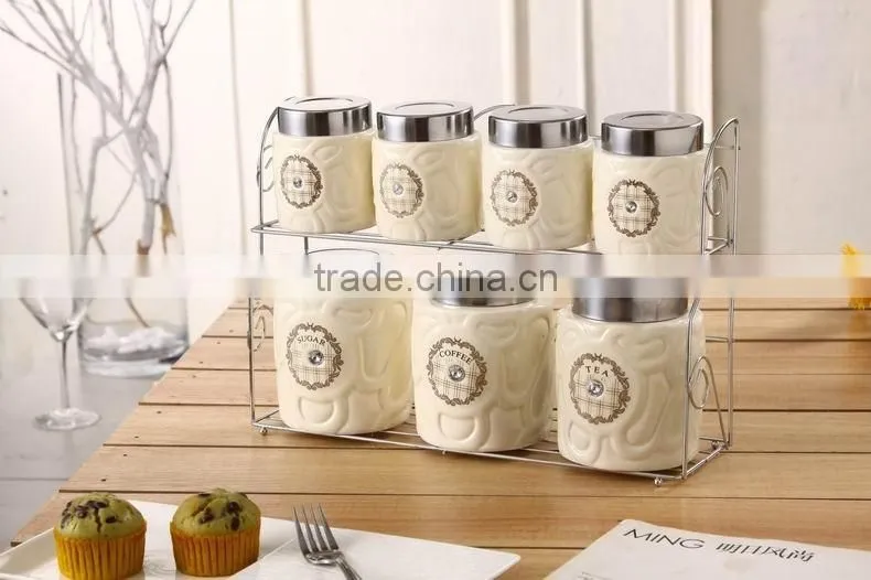 export to turkey colourful ceramic porcelain canister set,ceramic canister,storage jar,ceramic jarwith spoon & bamboo stand