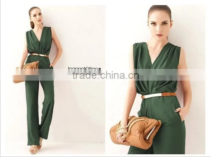 2015 Women Summer Clothing New Elegant OL Style Deep V Neck Sleeveless Loose Jumpsuit Rompers Women Overalls Macacao Feminino