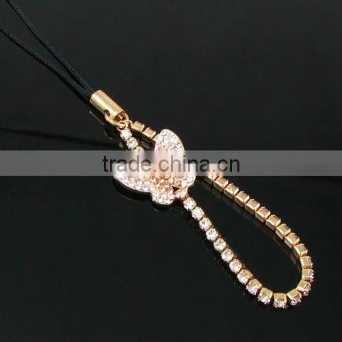 fashion crystal butterfly mobile charm, high class sparkly cell phone accessories, strass crystal mobile accessories