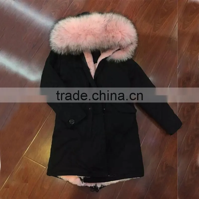2017 FASHION women winter wear light pink fur long black jacket raccoon fur collar Mrs furs parka