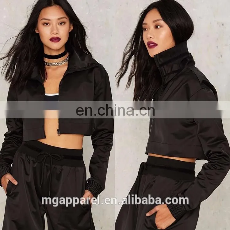 Wholesale woman coats and jackets, women high neck black track jacket