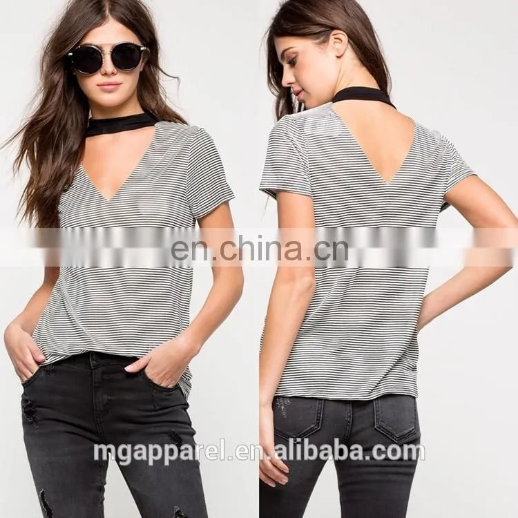 Custom wholesale V-neck and back cotton striped t shirt for women