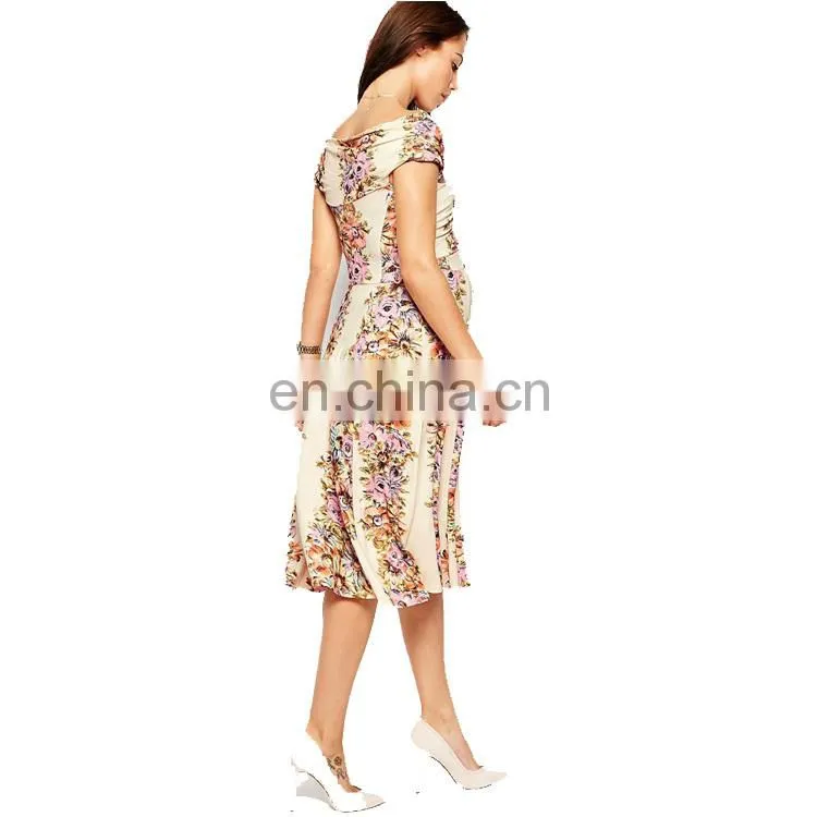 Off Shoulder Vintage Floral Print Maternity Dress