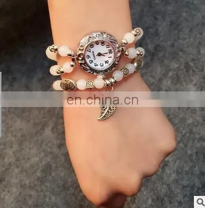 Women Retro Pendant Quartz Watch Multi-color Imitation Agate Beads Bracelet Lady Casual Wristwatch