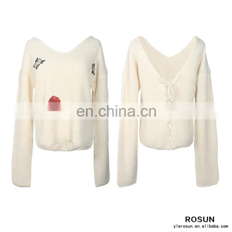 Custom clothing manufacturers Wholesale price latest design flower pattern sweater as cheap girls top with embroidery patch