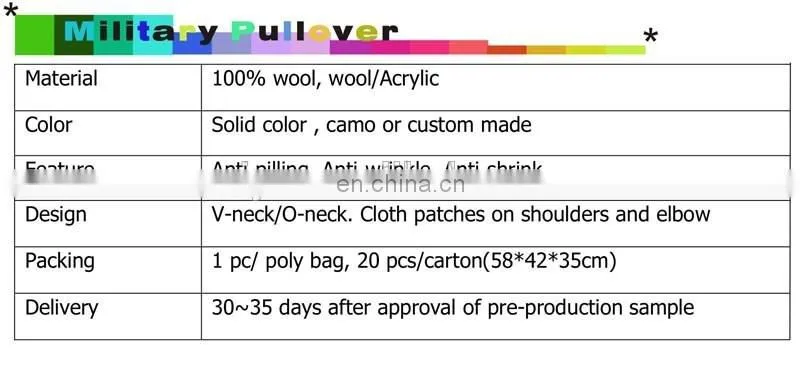 New arrival military men and women sweater army pullover with 100% wool
