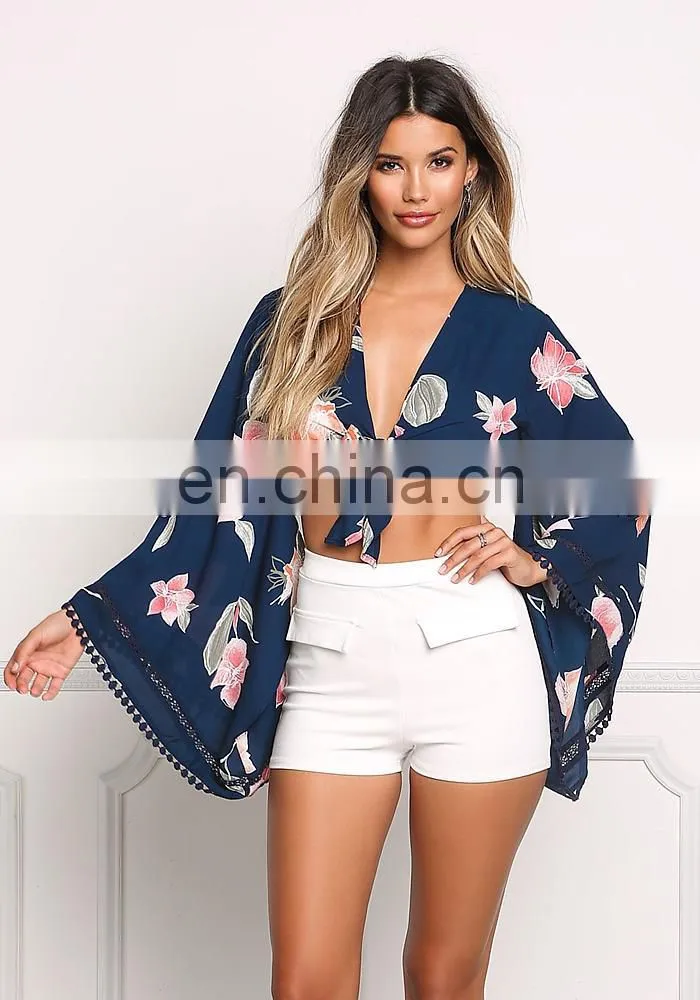 Navy Floral Bell Sleeve Front Tie Crop Top
