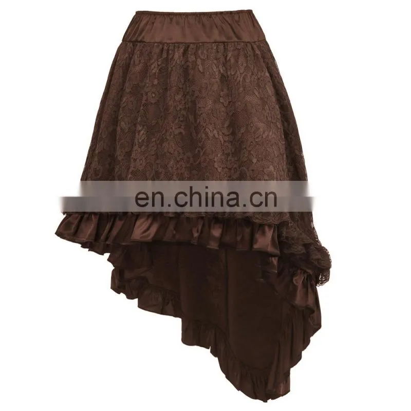 Belle Poque Vintage Retro Lace Satin Elastic Waist Asymmetrical High-Low Coffee Skirt BP000329-2