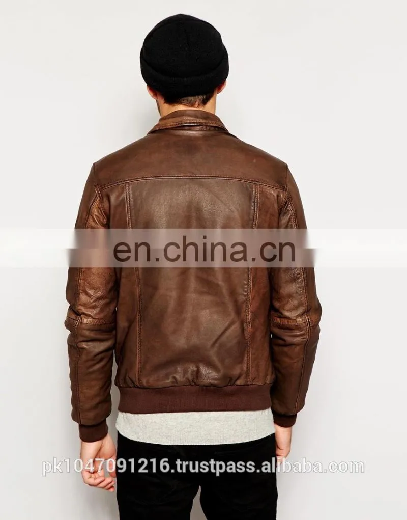 New 2014 Men Leather Jacket / Genuine Leather Jacket / Sheepskin Leather Bomber Jacket Dark Brown