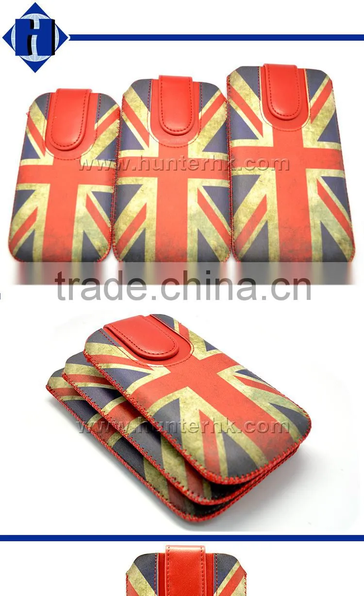 UK Flag Design Genuine Leather Flap Universal Pull Up Pouch
