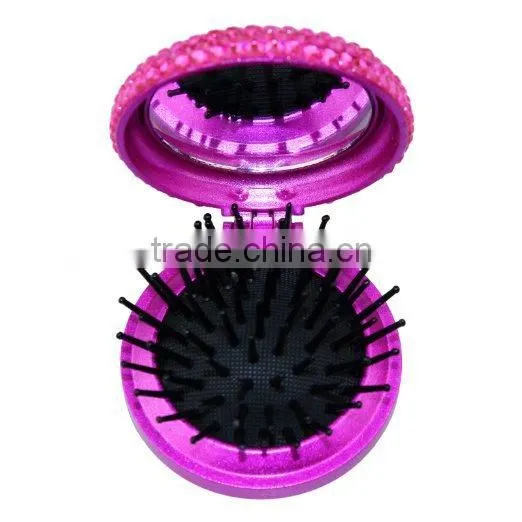 2-in-1 Bling Bling Folding Makeup Mirror with Massaging Hair Brush