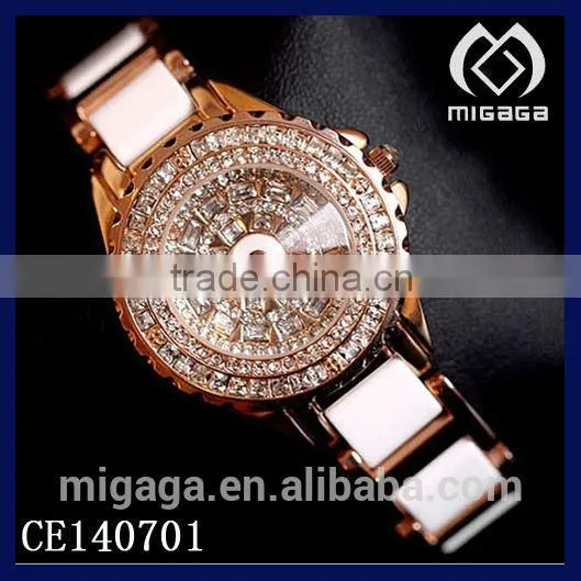 fashion alloy case rhinestone bezel ceramics watch for women*rosy gold plating rhinestone ceramics watch