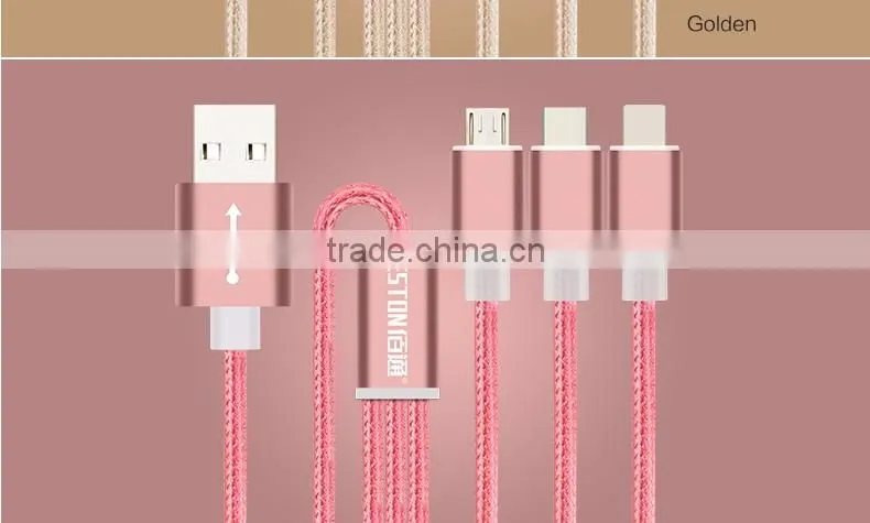 1.2m Nylon Woven Three Metal Plugs 3 in 1 Micro USB Cable Colorful Phone Cable for iPhone 6 6s Plus 5s Android Type C